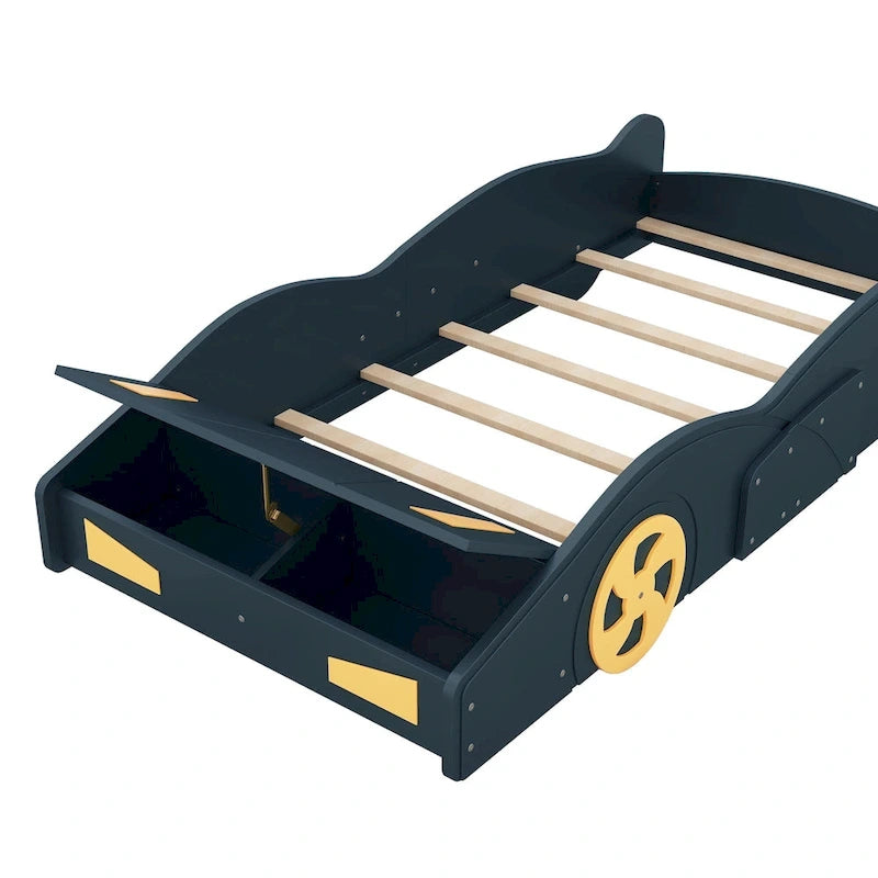 Cama de coche de carreras negra/azul oscuro con almacenamiento – Individual/Matrimonial, para 1 persona