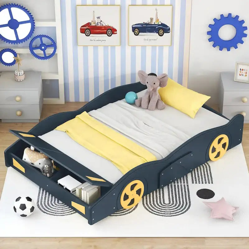 Cama de coche de carreras negra/azul oscuro con almacenamiento – Individual/Matrimonial, para 1 persona