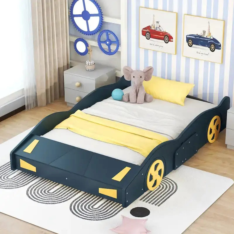 Cama de coche de carreras negra/azul oscuro con almacenamiento – Individual/Matrimonial, para 1 persona