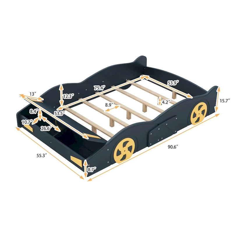 Cama de coche de carreras negra/azul oscuro con almacenamiento – Individual/Matrimonial, para 1 persona