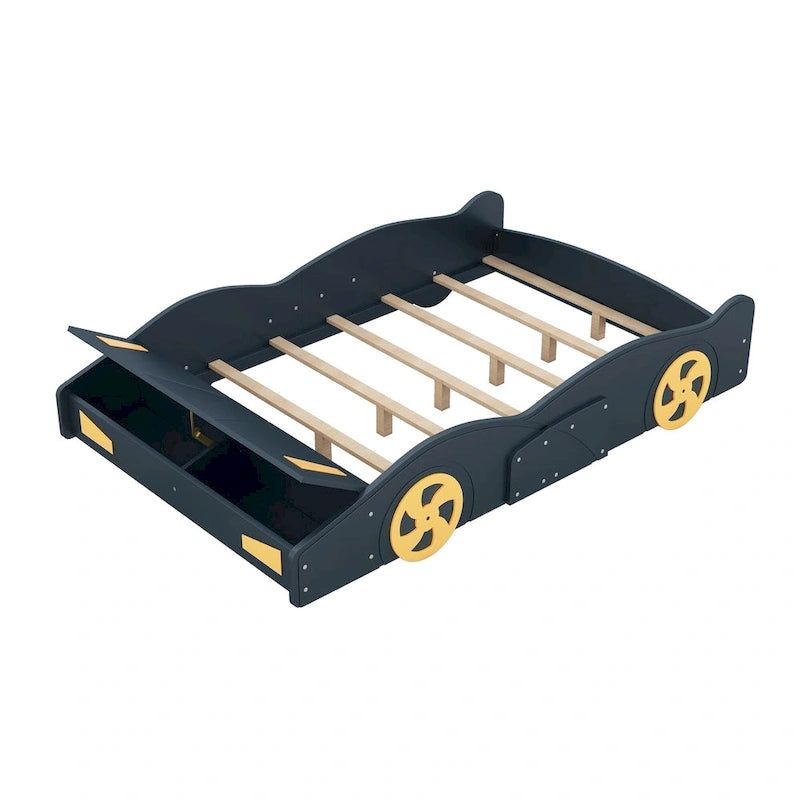 Cama de coche de carreras negra/azul oscuro con almacenamiento – Individual/Matrimonial, para 1 persona