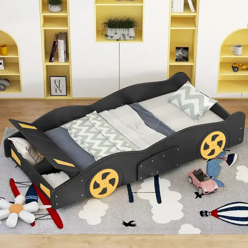 Cama de coche de carreras negra/azul oscuro con almacenamiento – Individual/Matrimonial, para 1 persona