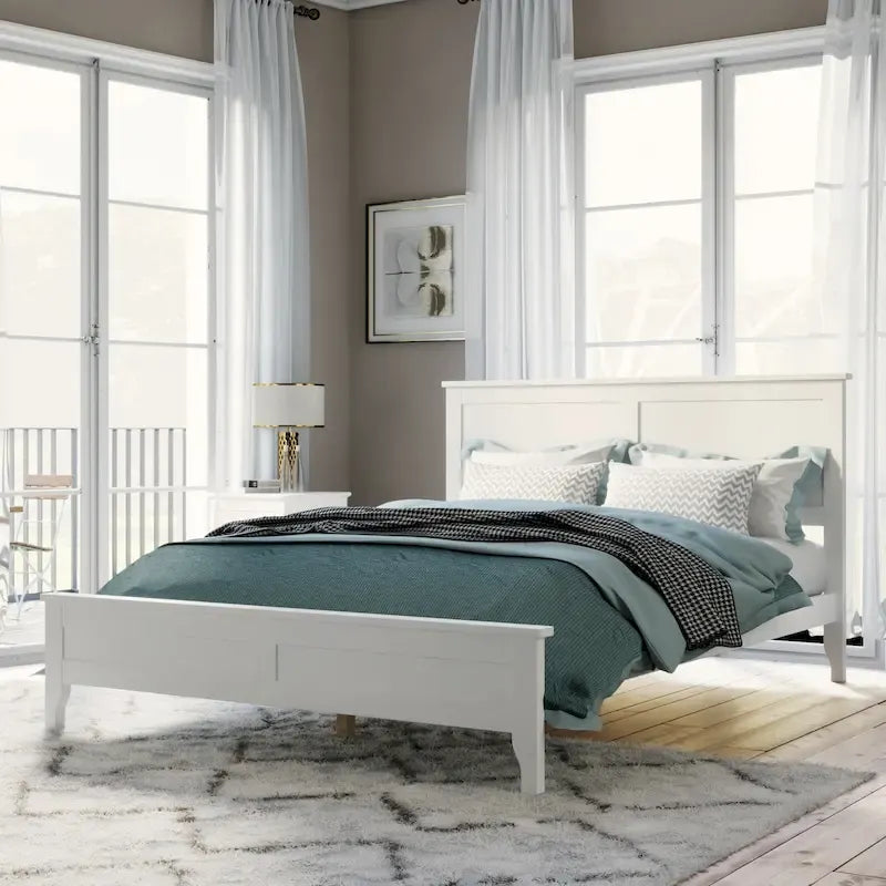 Cama doble de plataforma blanca con cabecero, madera de pino, para 2 personas
