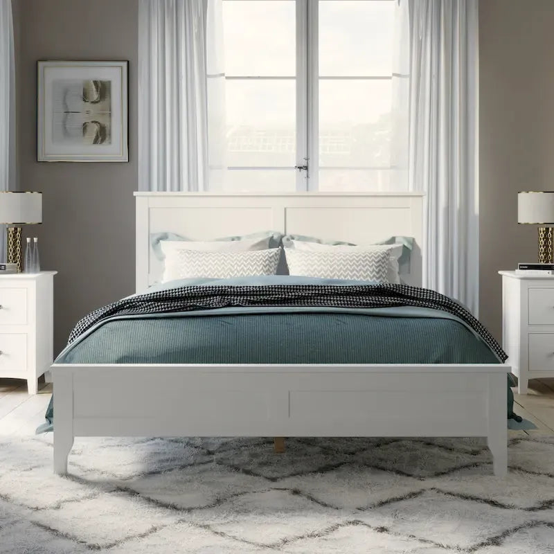 Cama doble de plataforma blanca con cabecero, madera de pino, para 2 personas