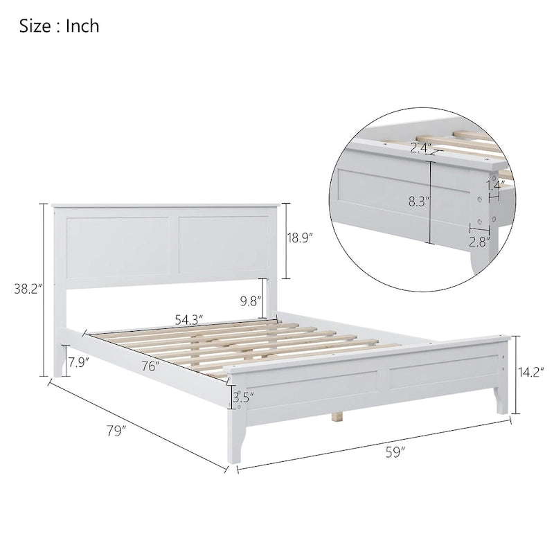 Cama doble de plataforma blanca con cabecero, madera de pino, para 2 personas