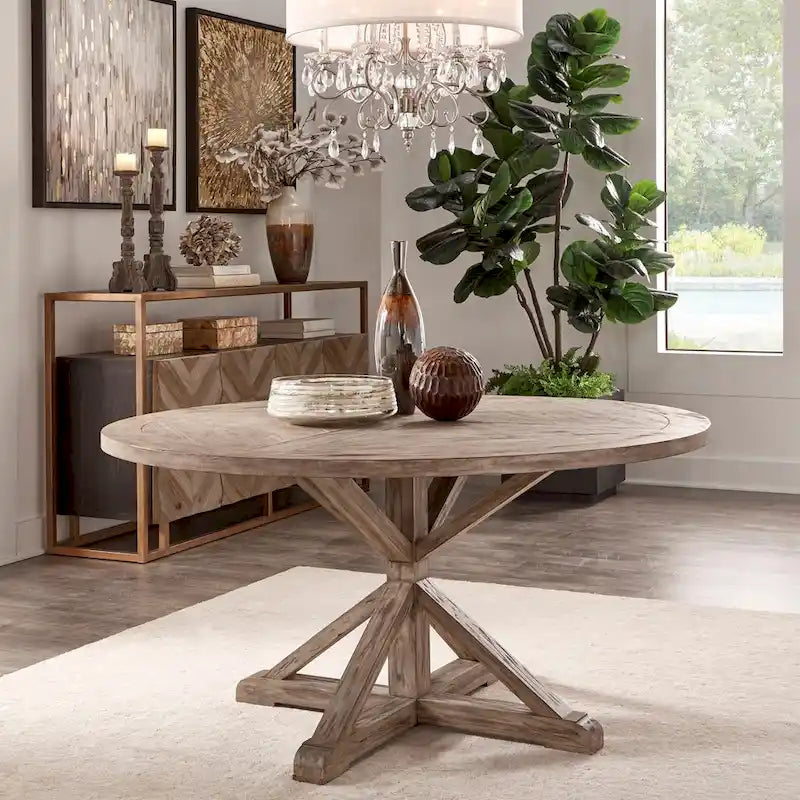 Mesa de comedor redonda rústica marrón, pedestal con base en X, para 4 a 8 personas