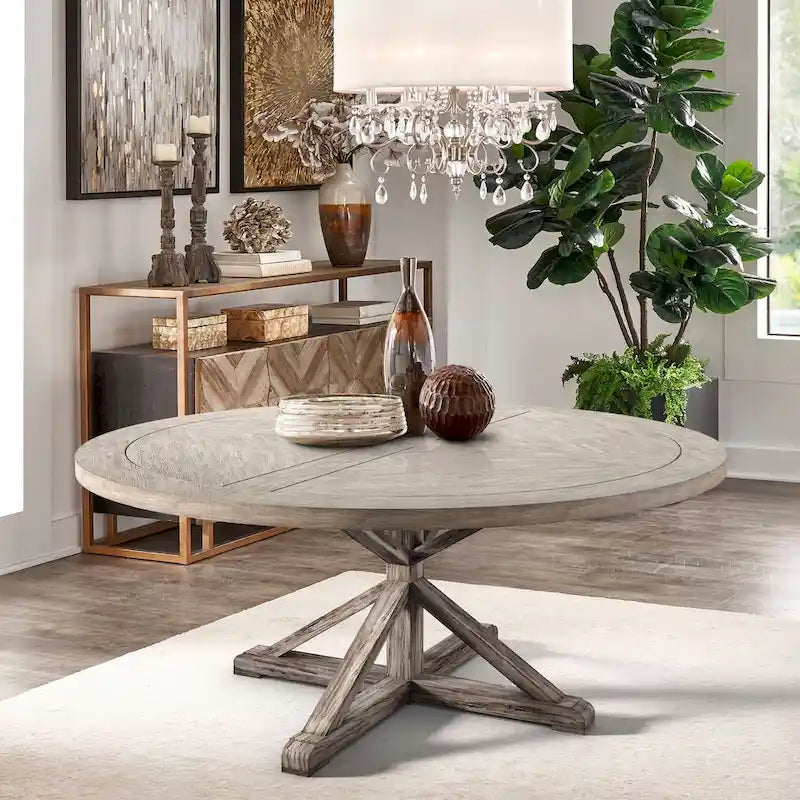 Mesa de comedor redonda rústica marrón, pedestal con base en X, para 4 a 8 personas