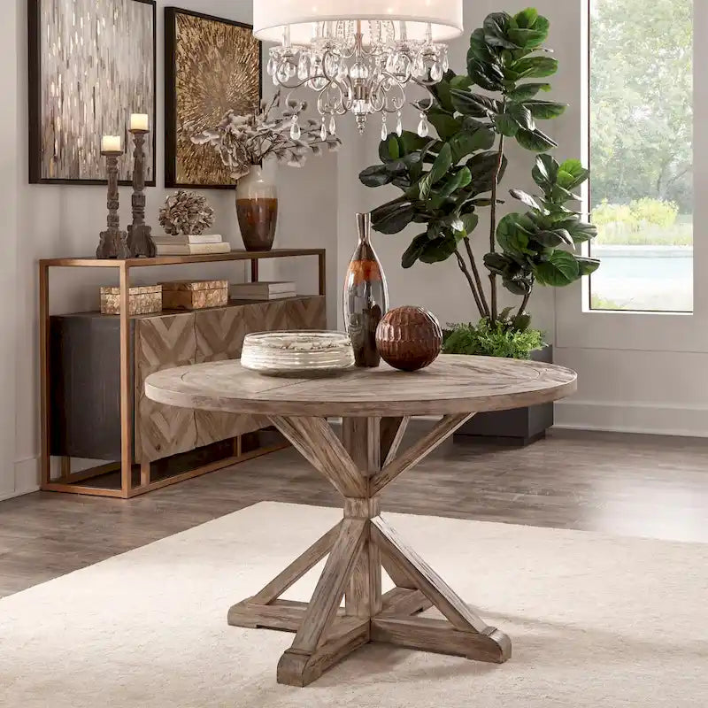 Mesa de comedor redonda rústica marrón, pedestal con base en X, para 4 a 8 personas