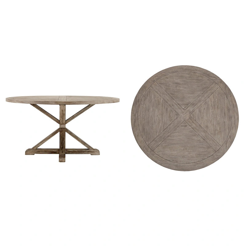 Mesa de comedor redonda rústica marrón, pedestal con base en X, para 4 a 8 personas
