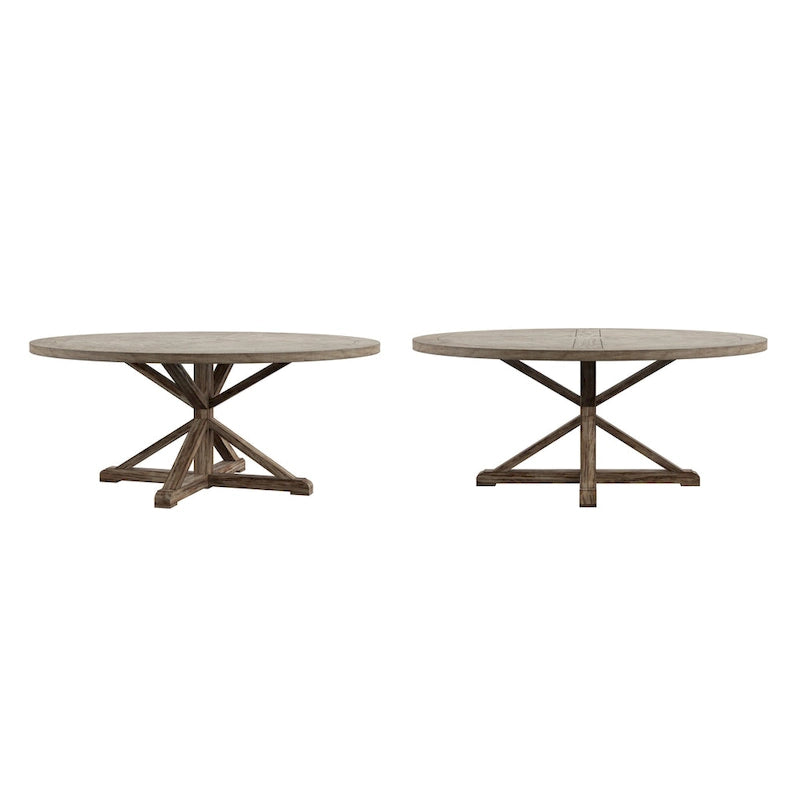 Mesa de comedor redonda rústica marrón, pedestal con base en X, para 4 a 8 personas