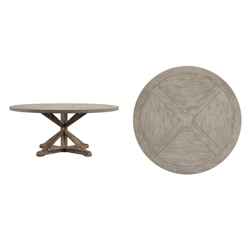 Mesa de comedor redonda rústica marrón, pedestal con base en X, para 4 a 8 personas