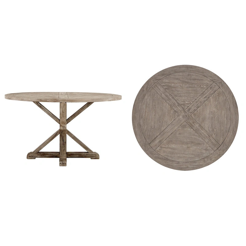 Mesa de comedor redonda rústica marrón, pedestal con base en X, para 4 a 8 personas