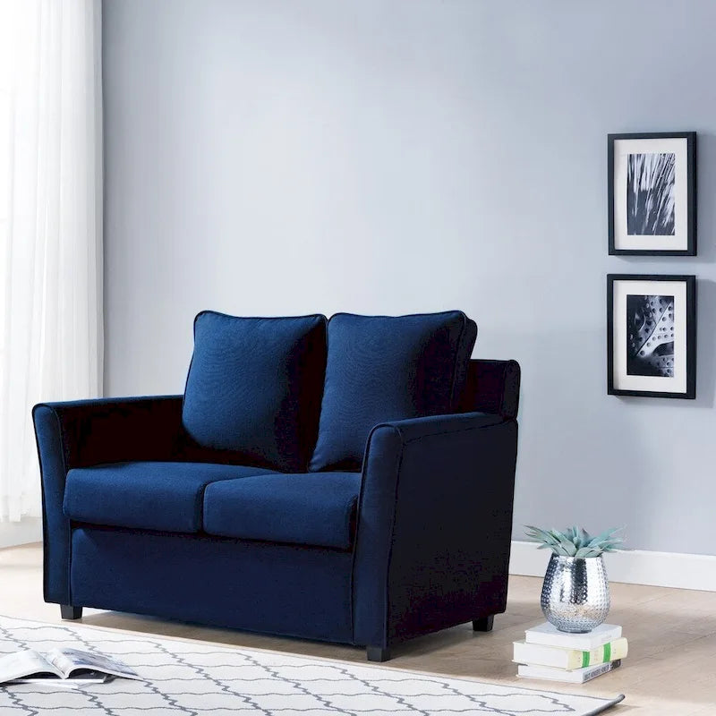 Sofá biplaza con brazos acampanados de color gris oscuro, azul royal, crema y marrón, de 2 asientos