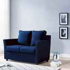 Sofá biplaza con brazos acampanados de color gris oscuro, azul royal, crema y marrón, de 2 asientos