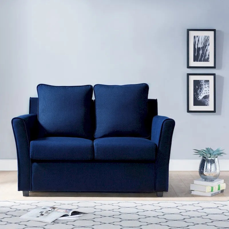 Sofá biplaza con brazos acampanados de color gris oscuro, azul royal, crema y marrón, de 2 asientos