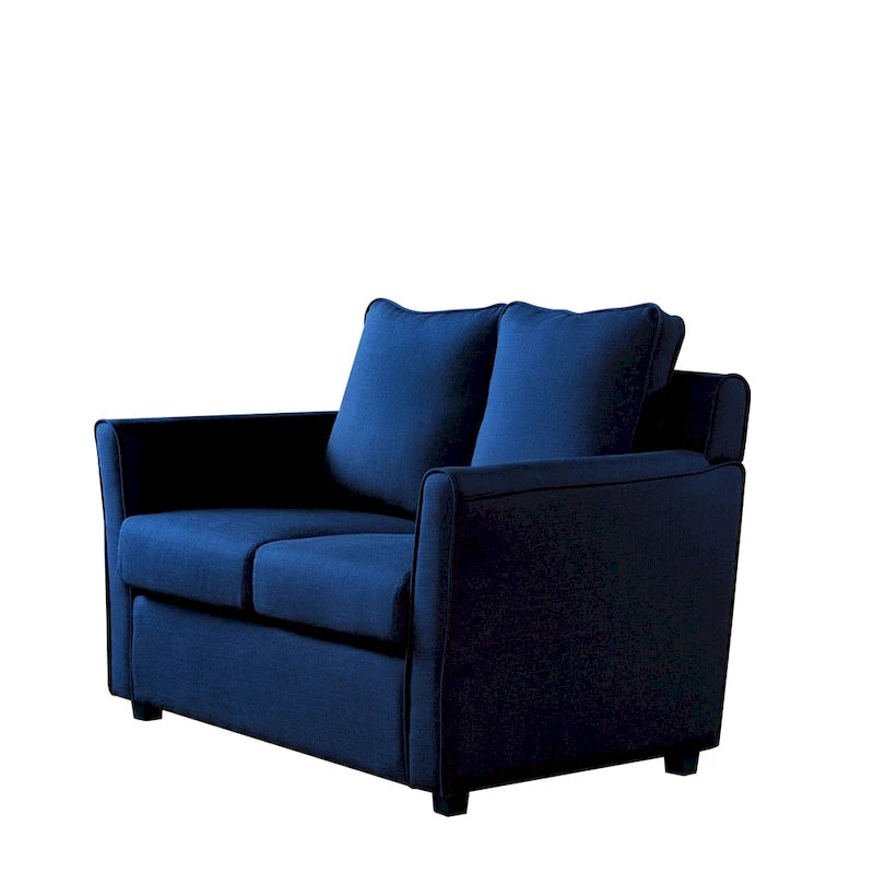 Sofá biplaza con brazos acampanados de color gris oscuro, azul royal, crema y marrón, de 2 asientos