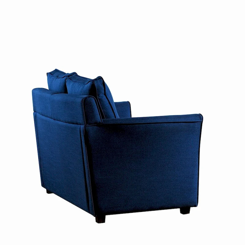 Sofá biplaza con brazos acampanados de color gris oscuro, azul royal, crema y marrón, de 2 asientos