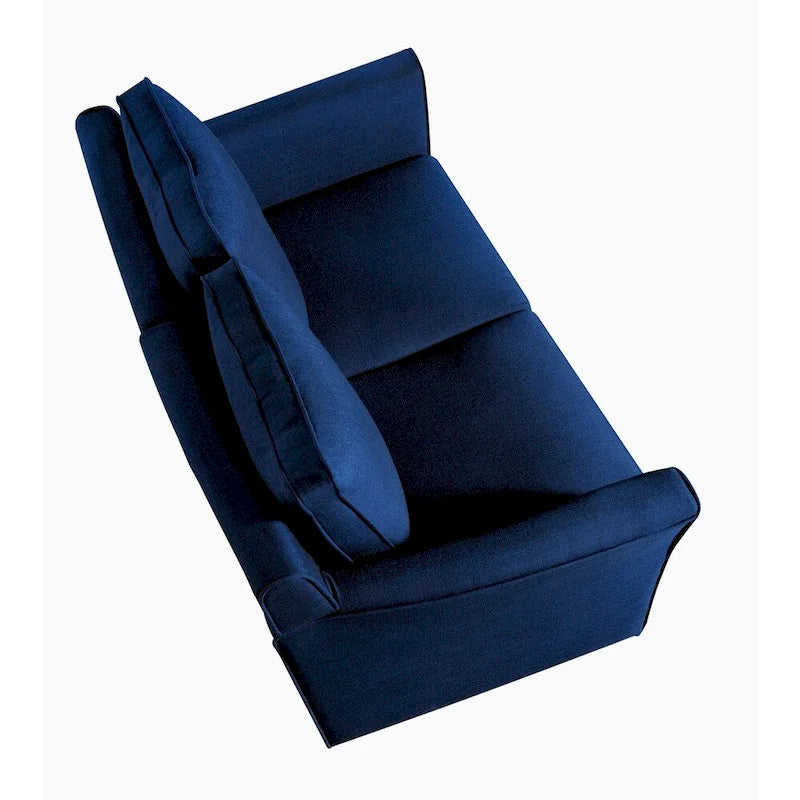 Sofá biplaza con brazos acampanados de color gris oscuro, azul royal, crema y marrón, de 2 asientos