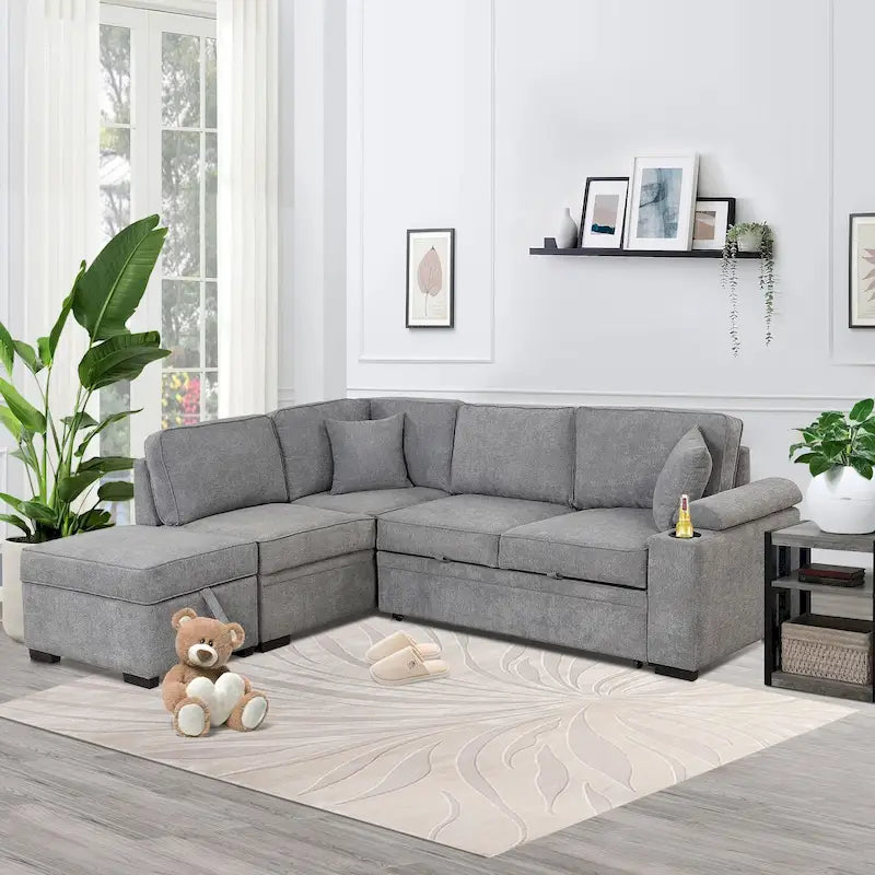 Sofá cama esquinero beige/gris con otomana de almacenamiento, 2 plazas