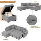 Sofá cama esquinero beige/gris con otomana de almacenamiento, 2 plazas