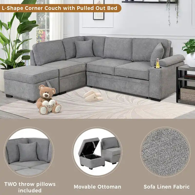 Sofá cama esquinero beige/gris con otomana de almacenamiento, 2 plazas