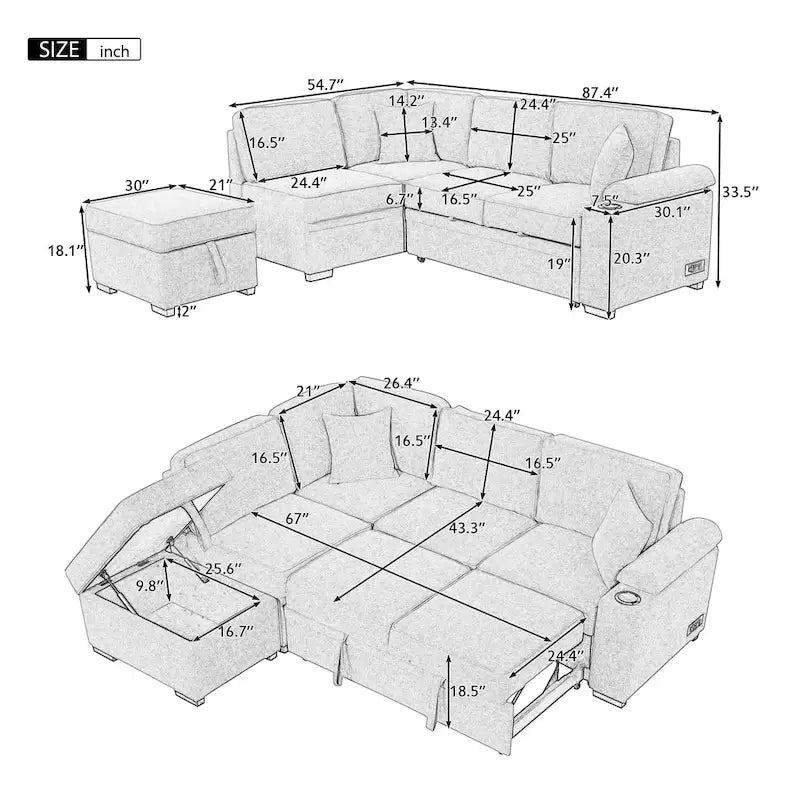 Sofá cama esquinero beige/gris con otomana de almacenamiento, 2 plazas