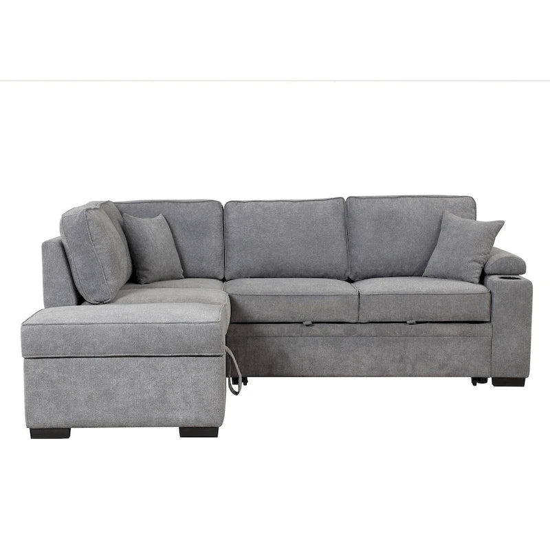 Sofá cama esquinero beige/gris con otomana de almacenamiento, 2 plazas