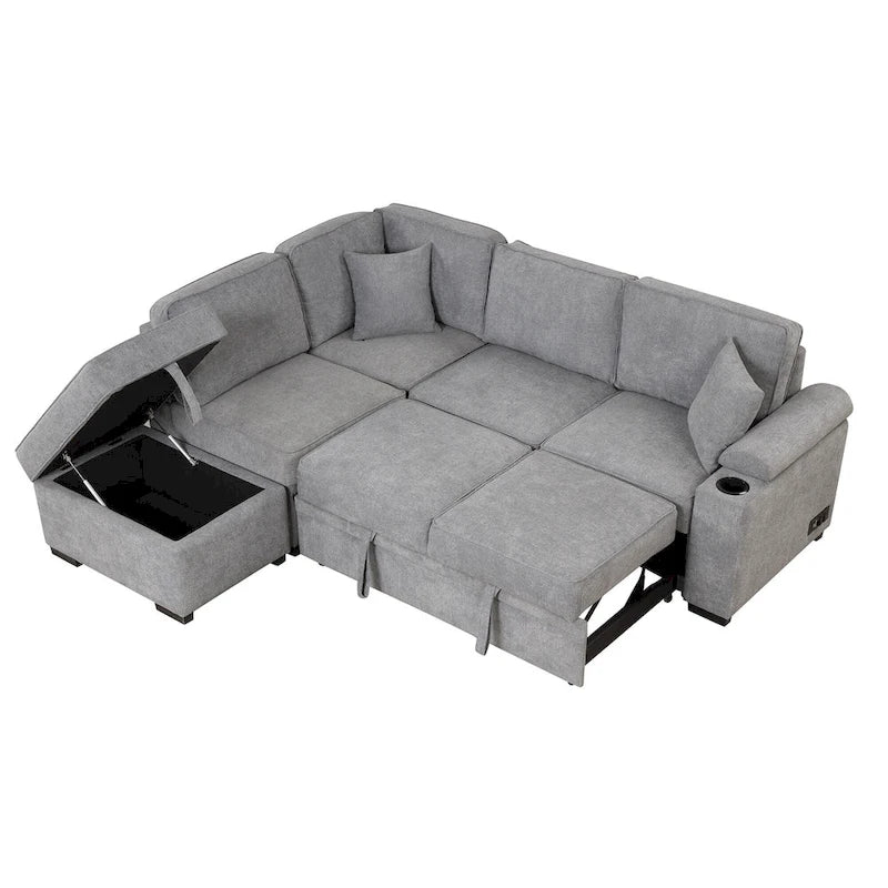 Sofá cama esquinero beige/gris con otomana de almacenamiento, 2 plazas