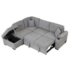 Sofá cama esquinero beige/gris con otomana de almacenamiento, 2 plazas