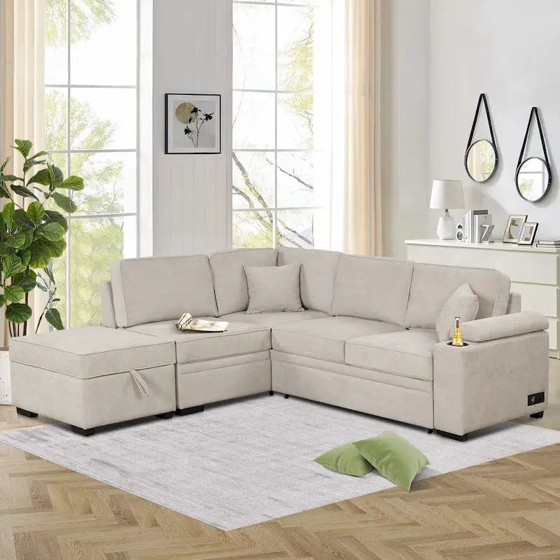 Sofá cama esquinero beige/gris con otomana de almacenamiento, 2 plazas