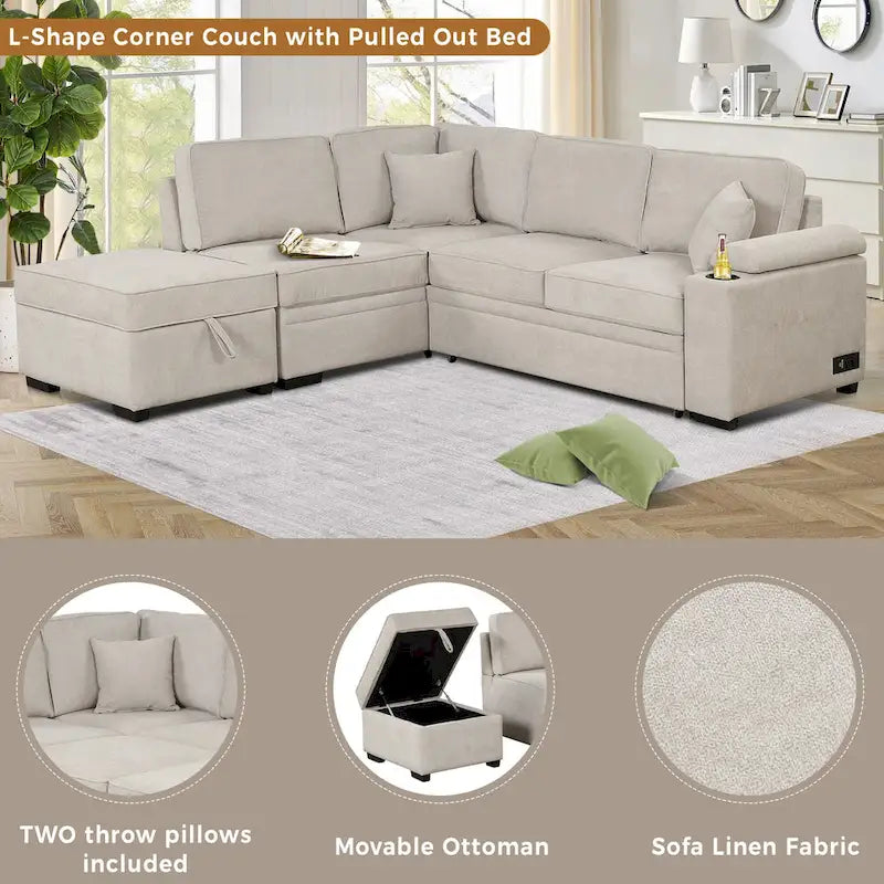 Sofá cama esquinero beige/gris con otomana de almacenamiento, 2 plazas