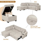 Sofá cama esquinero beige/gris con otomana de almacenamiento, 2 plazas