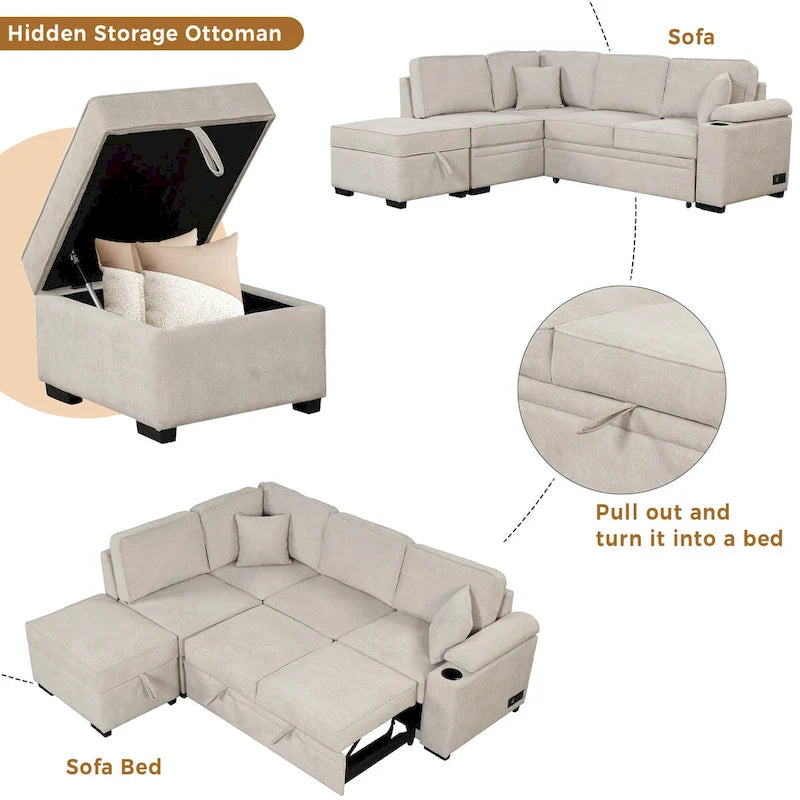 Sofá cama esquinero beige/gris con otomana de almacenamiento, 2 plazas