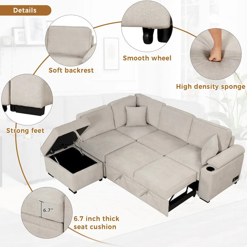 Sofá cama esquinero beige/gris con otomana de almacenamiento, 2 plazas