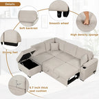 Sofá cama esquinero beige/gris con otomana de almacenamiento, 2 plazas