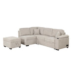 Sofá cama esquinero beige/gris con otomana de almacenamiento, 2 plazas