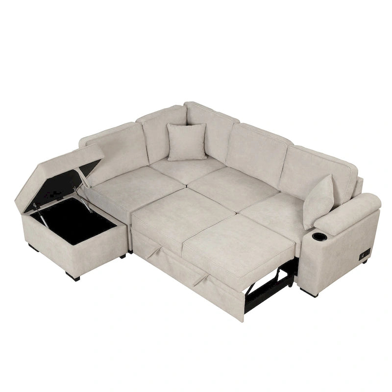Sofá cama esquinero beige/gris con otomana de almacenamiento, 2 plazas