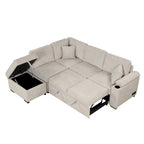 Sofá cama esquinero beige/gris con otomana de almacenamiento, 2 plazas