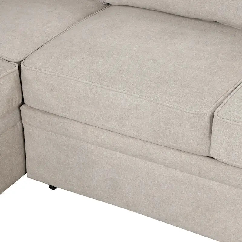 Sofá cama esquinero beige/gris con otomana de almacenamiento, 2 plazas