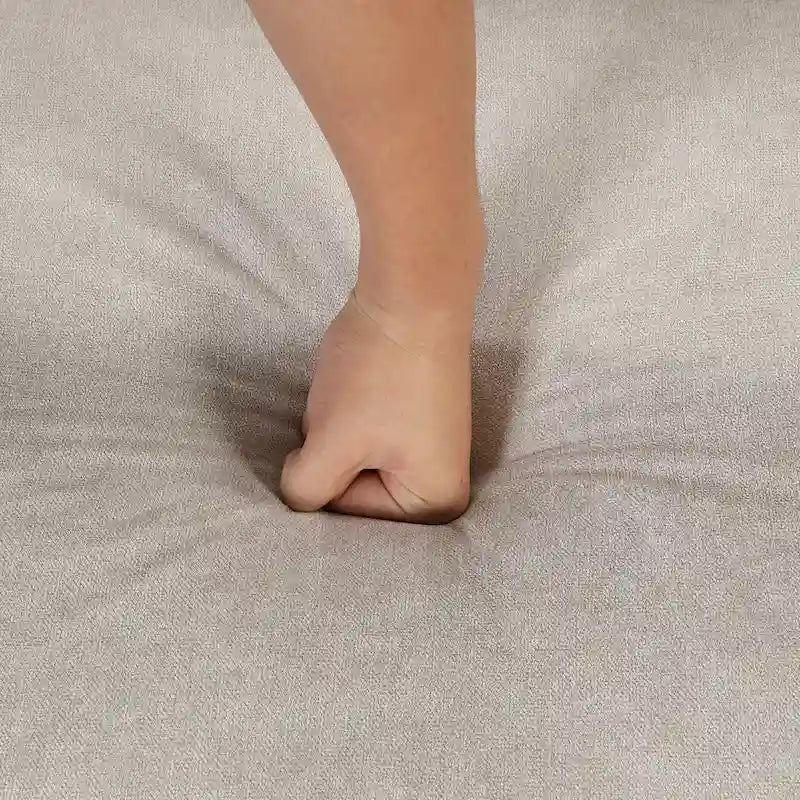 Sofá cama esquinero beige/gris con otomana de almacenamiento, 2 plazas