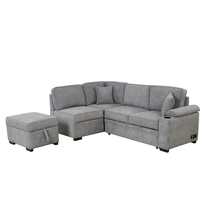 Sofá cama esquinero beige/gris con otomana de almacenamiento, 2 plazas