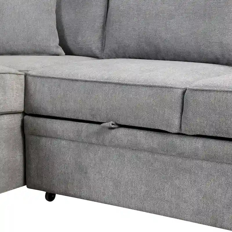 Sofá cama esquinero beige/gris con otomana de almacenamiento, 2 plazas