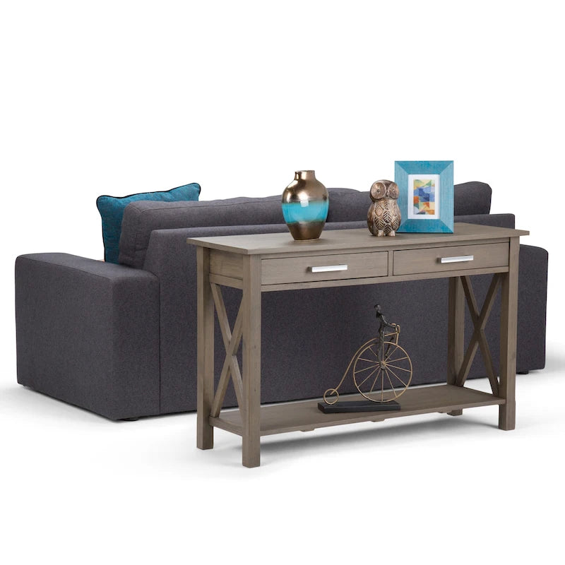 Consola de madera maciza gris/marrón/blanco/negro – Estilo contemporáneo, 2 cajones