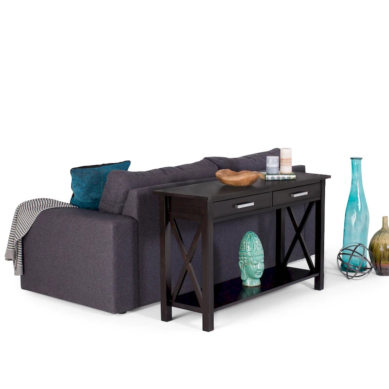 Consola de madera maciza gris/marrón/blanco/negro – Estilo contemporáneo, 2 cajones