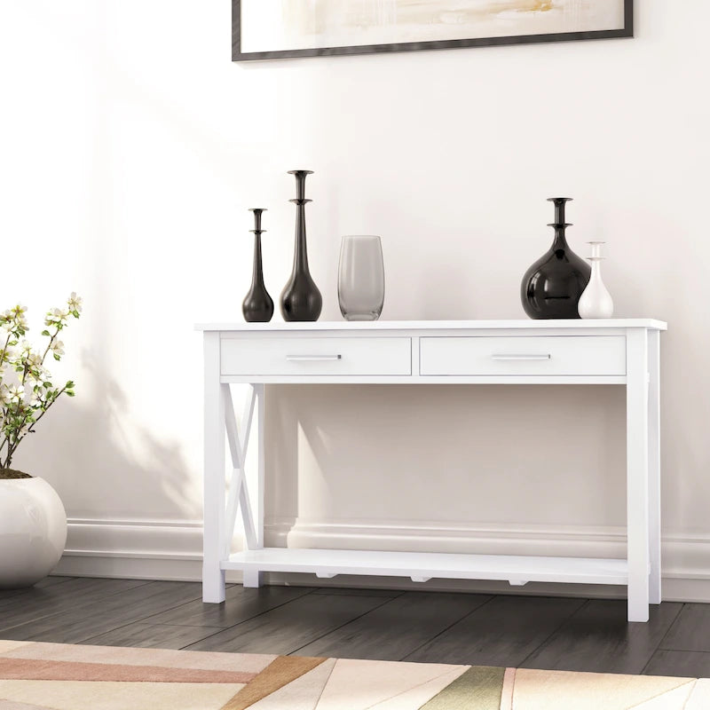 Consola de madera maciza gris/marrón/blanco/negro – Estilo contemporáneo, 2 cajones