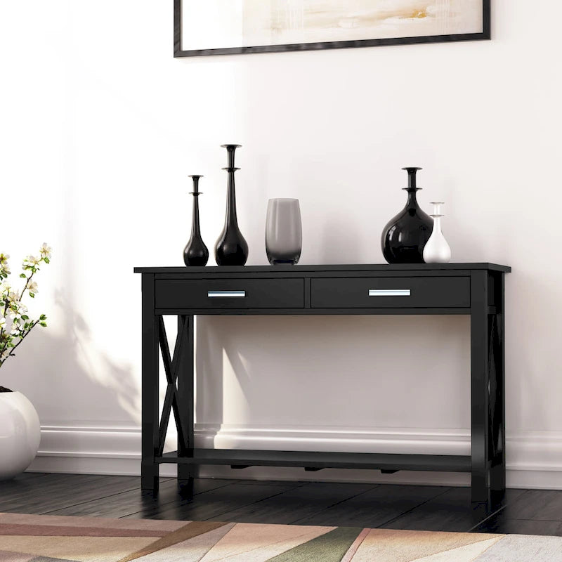 Consola de madera maciza gris/marrón/blanco/negro – Estilo contemporáneo, 2 cajones