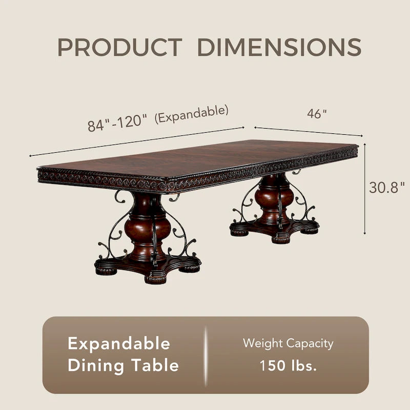 Mesa de comedor tradicional marrón cereza, madera y metal, 8 plazas