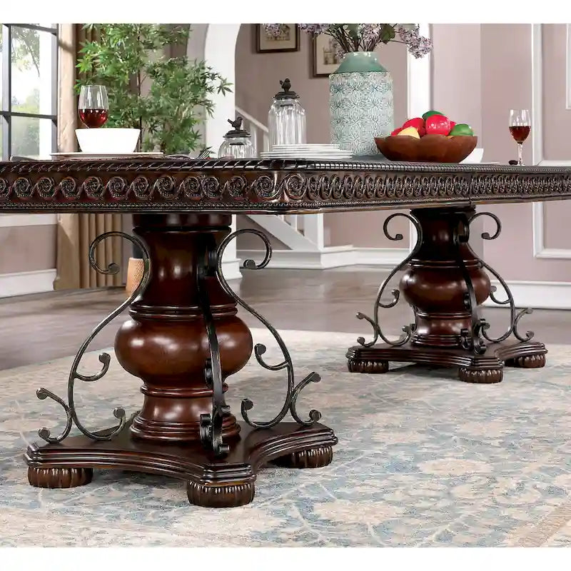 Mesa de comedor tradicional marrón cereza, madera y metal, 8 plazas