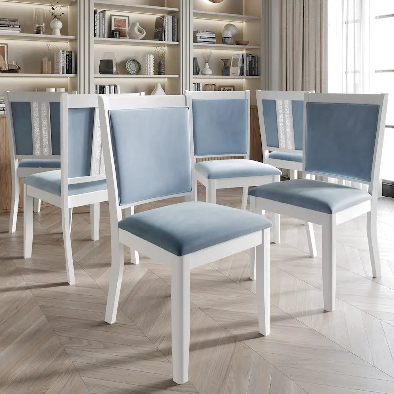 Silla de comedor de terciopelo blanco y azul claro con respaldo de rombos, juego de 6, capacidad para 6 personas