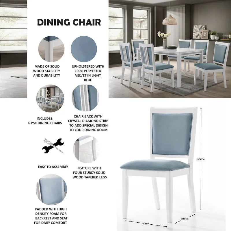 Silla de comedor de terciopelo blanco y azul claro con respaldo de rombos, juego de 6, capacidad para 6 personas